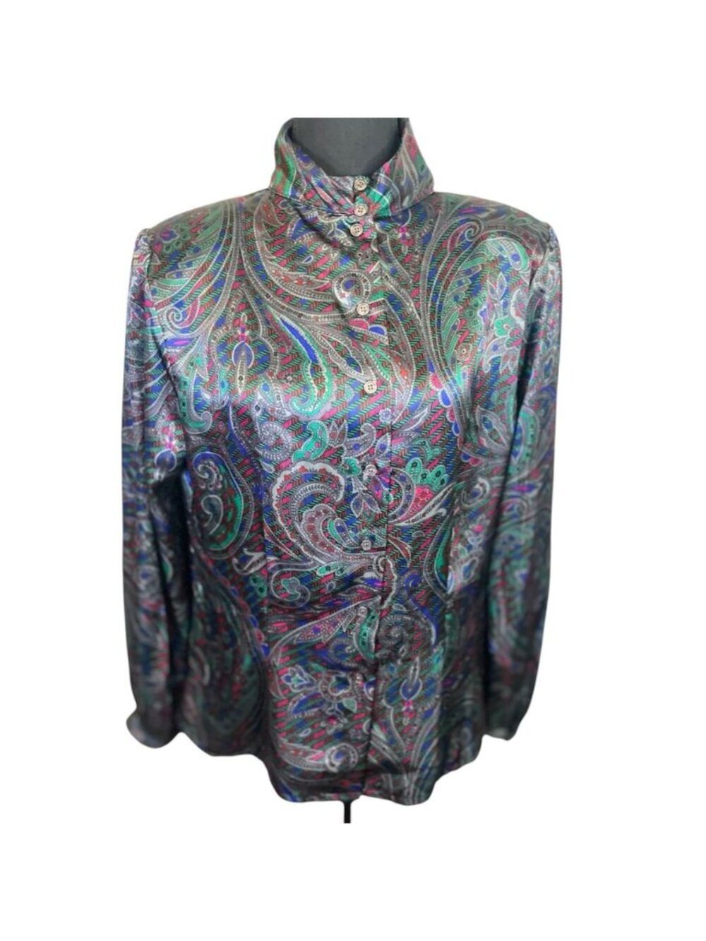 Vintage Nicola Gray Paisley Blouse High Neck Sz 12 Satin 80s 90s Secretary